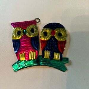 Hand painted Mexican tin art, colorful owls